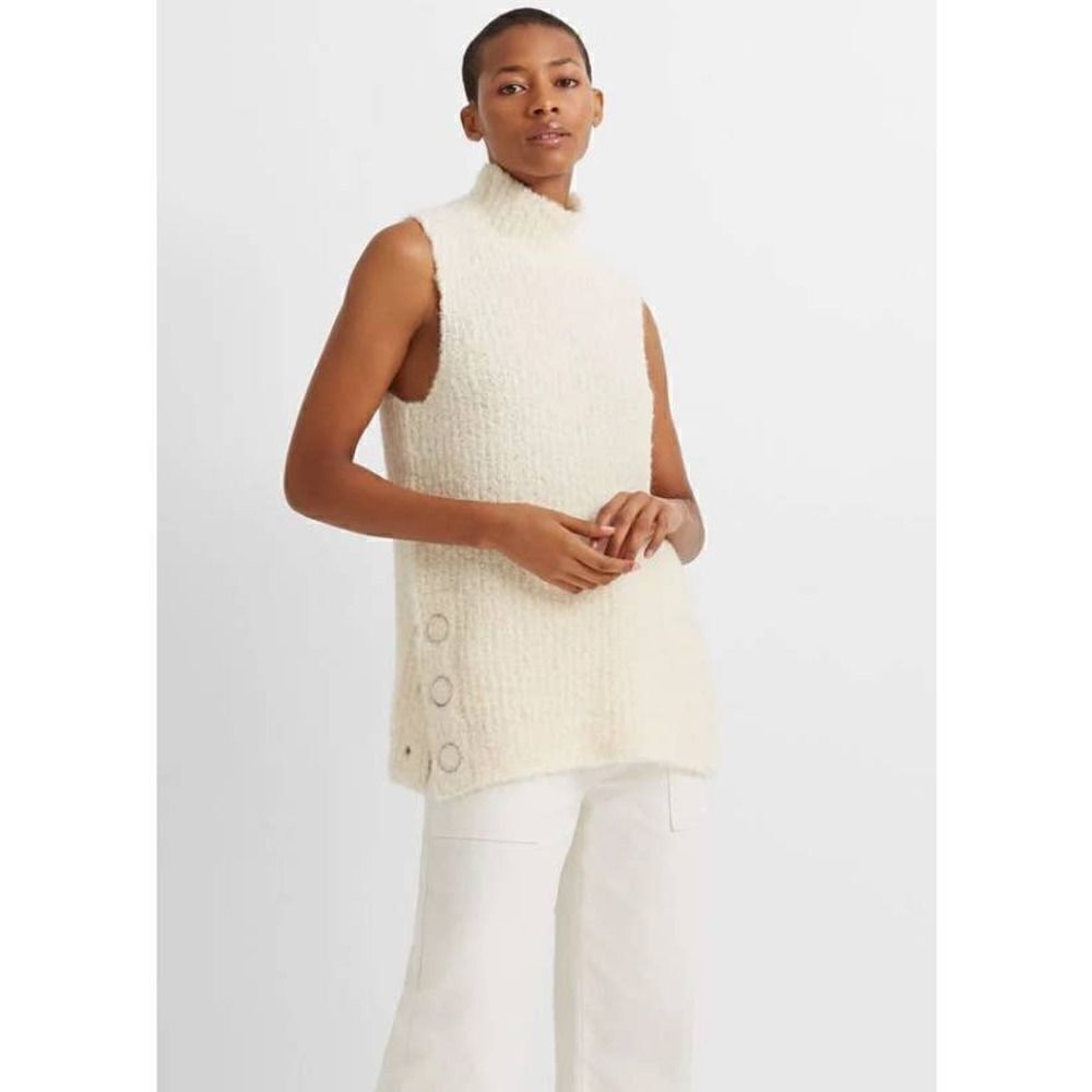 Club Monoco Sleeveless Cream Bouclé Mock Neck Sweater with Large Buttons Sz. M